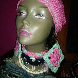Pink and Aqua Blue Beanie, earrings, choker set